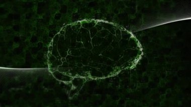 Siyah arkaplanda hareket eden şekiller üzerinde dijital beynin animasyonu. Soyut arkaplan, şablon ve hareket kavramı dijital olarak oluşturuldu.