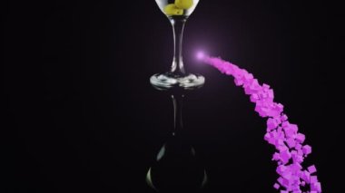 İçkinin üzerinde mor şekiller ve siyah arka planda zeytinlerin canlandırılması. Parti ve kutlama konsepti dijital olarak oluşturuldu.