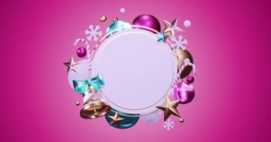 Fotokopi alanı olan daire çerçevesi animasyonu ve pembe arka planda noel süsü. Noel, şenlik, gelenek ve kutlama konsepti dijital olarak oluşturuldu.