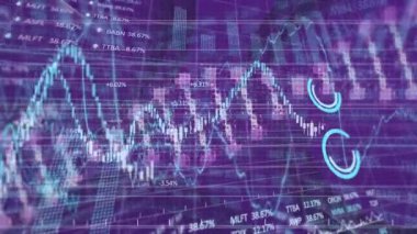 Mor arka planda DNA ipliği olan finansal veri işleme animasyonu. Küresel iş, finans ve dijital arayüz kavramı dijital olarak oluşturulmuş video.