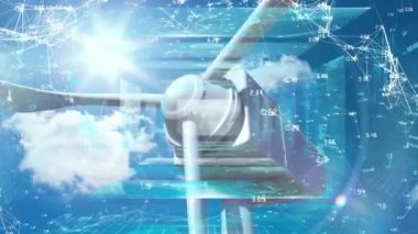 Veri işleme ağı ile bağlantıların animasyonu ve bulutlar ile gökyüzü üzerinde rüzgar türbini. Küresel ekoloji, bilgisayar ve dijital arayüz kavramı dijital olarak oluşturulmuş video.