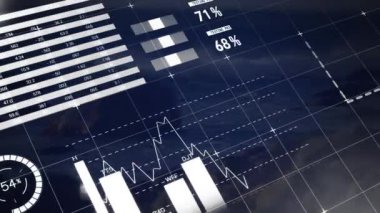 Yaprakların üzerinde istatistik ve veri işleme animasyonu. Küresel veri işleme ve dijital arayüz kavramı dijital olarak oluşturulmuş video.
