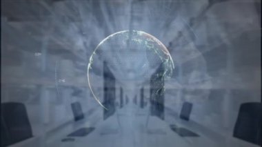 Ofis üzerinde veri işlenen dünyanın animasyonu. Küresel iş ve dijital arayüz kavramı dijital olarak oluşturulmuş video.