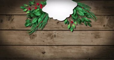 Kopya alanı ve tahta arka planda ağaç dalları olan hediye etiketinin canlandırması. Noel, gelenek ve kutlama konsepti dijital olarak oluşturuldu.