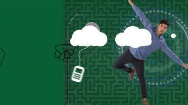 Asyalı erkek yerine simgelerin canlandırılması ve yeşil arka planda labirent. Küresel teknoloji ve dijital arayüz konsepti dijital olarak oluşturulmuş video.