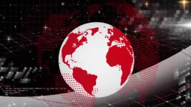 Dönen dünyanın animasyonu ve noktalı programlama dili, uzaydaki yıldızların üzerinde parlıyor. Dijital olarak üretilmiş, hologram, küreselleşme, astronomi, aydınlanma, kodlama ve teknoloji konsepti.