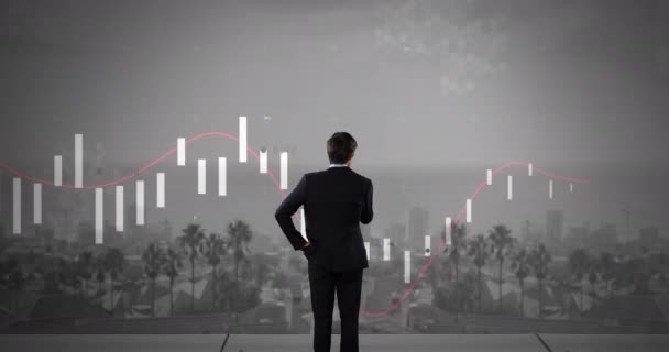 Animação Diversos Dados Financeiros Gráficos Sobre Visão Traseira Empresário Caucasiano — Vídeo de Stock