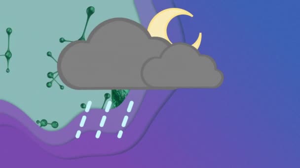 暗い雲 雨のアニメーションは 液体がビーカーに落ちる上に浮遊ヌクレオチドの上に デジタル複合体 多重露光 遺伝学 空と技術 — ストック動画