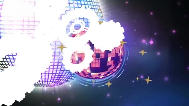 Animation Gears Rotating Disco Balls Glowing Dots Black Background Digitally — Stock Video