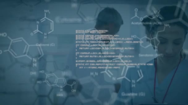 研究室内の多様な科学者に対するデータ処理と化学式のアニメーション グローバルサイエンス コンピューティング デジタルインターフェースの概念デジタル生成されたビデオ — ストック動画