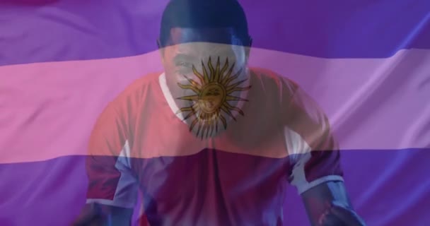 Animación Bandera Argentina Sobre Futbolista Afroamericano Concepto Deporte Global Interfaz — Vídeo de stock