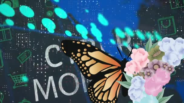 Animación Mariposa Con Flores Sobre Texto Cibernético Lunes Procesamiento Datos — Vídeo de stock