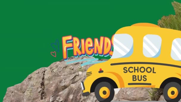 学校校车在朋友文字上的动画和绿色背景的摇滚 教育和学习概念数字制作的录像 — 图库视频影像