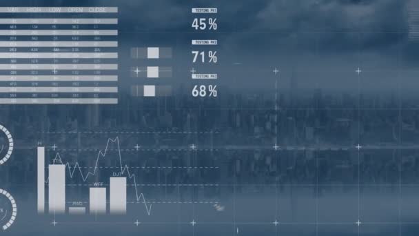 Animation Infographic Interface Multiple Graphs Map Aerial View Cityscape Digital — Stock Video