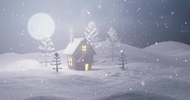 Animatie Van Kersthuisje Bomen Besneeuwd Landschap Met Volle Maan Vallende — Stockvideo