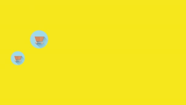 黄色の背景に浮かぶ複数のショッピングカートアイコンのアニメーション ソーシャルメディアネットワークとテクノロジーの概念 — ストック動画