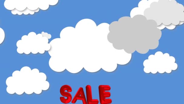 Animace Prodeje Textový Balón Více Cloudových Ikon Plovoucí Modrém Pozadí — Stock video