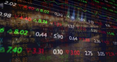 Composite image of stock market data processing against cityscape at night. global finance and economy concept