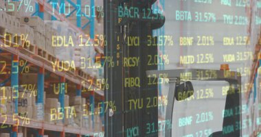 Boş deponun üzerindeki borsa görüntüsü. küresel sevkiyat, dağıtım ve bağlantılar konsepti dijital olarak oluşturuldu.