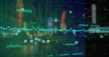 Şehir trafiğine karşı finansal veri işlemenin birleşik görüntüsü. Küresel finans ve teknoloji kavramı