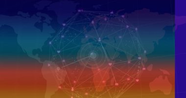 Mavi ve turuncu arkaplandaki bağlantıların ve dünya haritasının görüntüleri. Küresel veri işleme ve bağlantı konsepti dijital resim oluşturuldu.