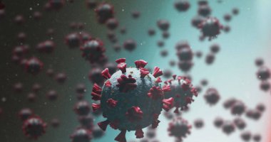 Mavi arkaplanda yüzen 19 hücrenin görüntüsü. küresel covid 19 salgın konsepti dijital olarak oluşturulmuş görüntü.