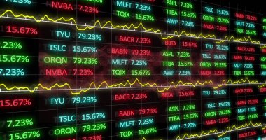 Borsa verilerinin dijital görüntüsü, siyah zemin üzerinde kırmızı dijital dalgaya karşı işleniyor. küresel finans ve ekonomi kavramı