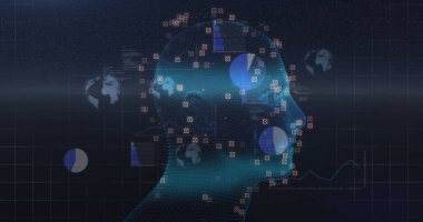 Dijital ekranda insan kafası ve veri işleme görüntüsü. küresel bağlantılar, veri işleme ve dijital arayüz konsepti dijital olarak oluşturulmuş resim.