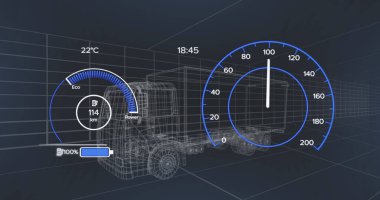 Koyu arkaplan üzerinde 3D araba modeli ve hız göstergesi. Küresel bağlantılar ve veri işleme kavramı dijital resim oluşturuldu.