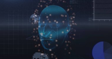 Dijital ekranda insan kafası ve veri işleme görüntüsü. küresel bağlantılar, veri işleme ve dijital arayüz konsepti dijital olarak oluşturulmuş resim.