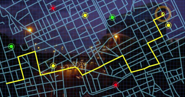 Esquema Línea Mapa Navegación Contra Vista Aérea Del Tráfico Nocturno — Foto de Stock