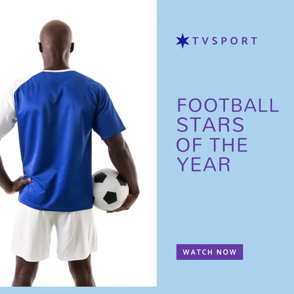 Square image of football stars of the year and back view of african american male football player. Football, sport, competition and tournament concept.