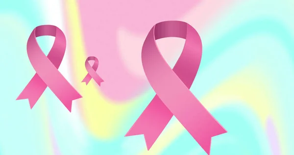 蓝色和绿色波纹上的粉红缎带图像 妇女健康 医药和乳腺癌意识概念 — 图库照片