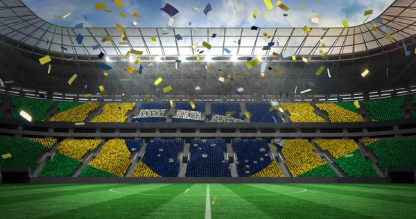 スタジアムの上のブラジルの旗の画像 グローバルスポーツ 愛国心とデジタルインターフェイスの概念デジタル生成されたイメージ — ストック写真