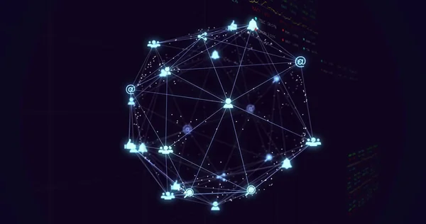 数字图标的环球在蓝色背景下与股票市场数据处理相对照 全球联网和计算机接口技术概念 — 图库照片