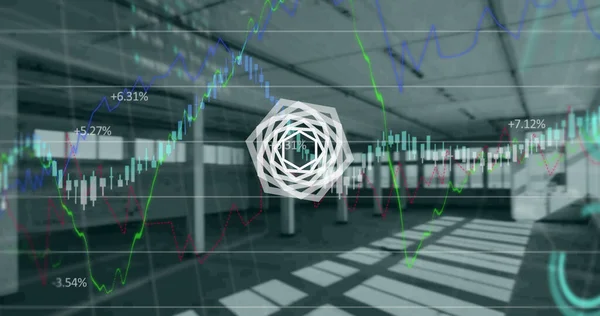 Forma Hexagonal Abstracta Sobre Procesamiento Datos Financieros Bursátiles Contra Oficinas — Foto de Stock