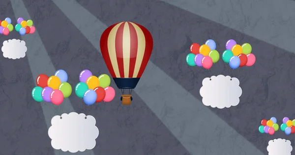 色彩斑斓的气球带着云彩和热气球在灰色背景上飞行的图像 派对和庆祝的概念数字生成的图像 — 图库照片