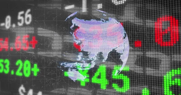 Image of stock market over globe and data processing on black background. technology, computing and digital interface concept digitally generated image.