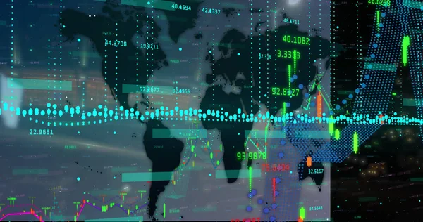 Financial Data Processing World Map Night City Traffic Global Finance — Stock Fotó