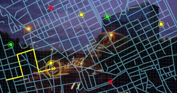 Gece Şehir Trafiğinin Hava Görüntüsüne Karşı Navigasyon Haritası Şeması Gps — Stok fotoğraf