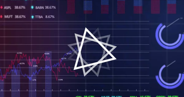 Absztrakt Háromszög Alakú Tőzsde Pénzügyi Adatok Feldolgozása Kék Alapon Globális — Stock Fotó