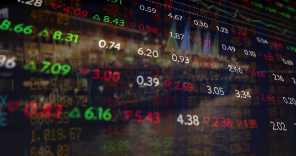 Composite Image Stock Market Data Processing Cityscape Night Global Finance — Stockfoto
