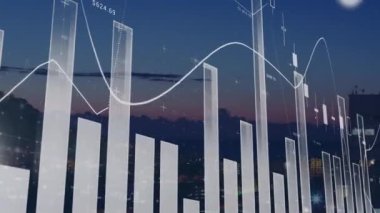 Geceleri gökyüzüne karşı havadan görülen siluet şehir manzarasının birden fazla grafiğinin animasyonu. Dijital bileşik, çoklu pozlama, gökdelenler, rapor, finans, iş ve teknoloji kavramı.