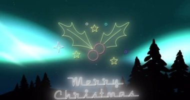 Köknar ağaçları üzerine Mutlu Noeller metni. Noel, kutlama ve dijital arayüz kavramı dijital olarak oluşturulmuş video.