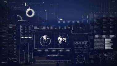 Manzara üzerinde istatistik ve veri işleme animasyonu. Küresel veri işleme ve dijital arayüz kavramı dijital olarak oluşturulmuş video.