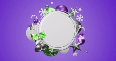 Çember çerçevesinin fotokopi alanı ve mor arkaplanda noel süslemesi. Noel, şenlik, gelenek ve kutlama konsepti dijital olarak oluşturuldu.