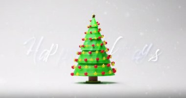 Mutlu Noel mesajları üzerine yılbaşı ağacı animasyonu. Noel, kış ve dijital arayüz kavramı dijital olarak oluşturulmuş video.