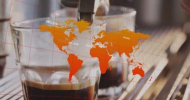 Kafkas adam kahve yaparken dünya haritası ve veri işleme animasyonu. Küresel teknoloji ve dijital arayüz konsepti dijital olarak oluşturulmuş video.