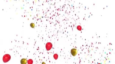Beyaz arka planda konfeti ve balon animasyonu. Işık, şablon ve hareket konsepti dijital olarak oluşturulmuş video.