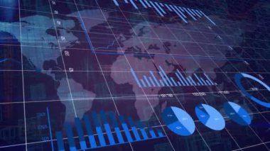 Dünya haritasında finansal grafiklerin ve verilerin canlandırılması. Finans, ekonomi, veri işleme, iş ve teknoloji konsepti dijital olarak oluşturulmuş video.